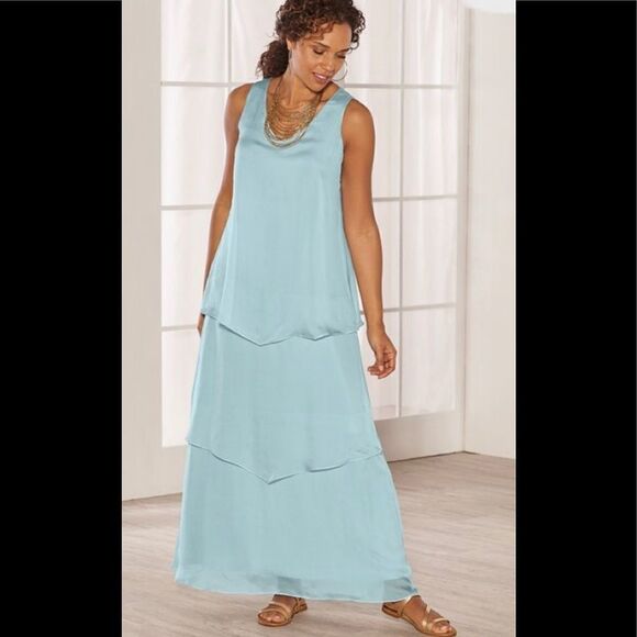 Soft Surroundings silk blue tiered maxi dress. Stretchy. New - Picture 1 of 8